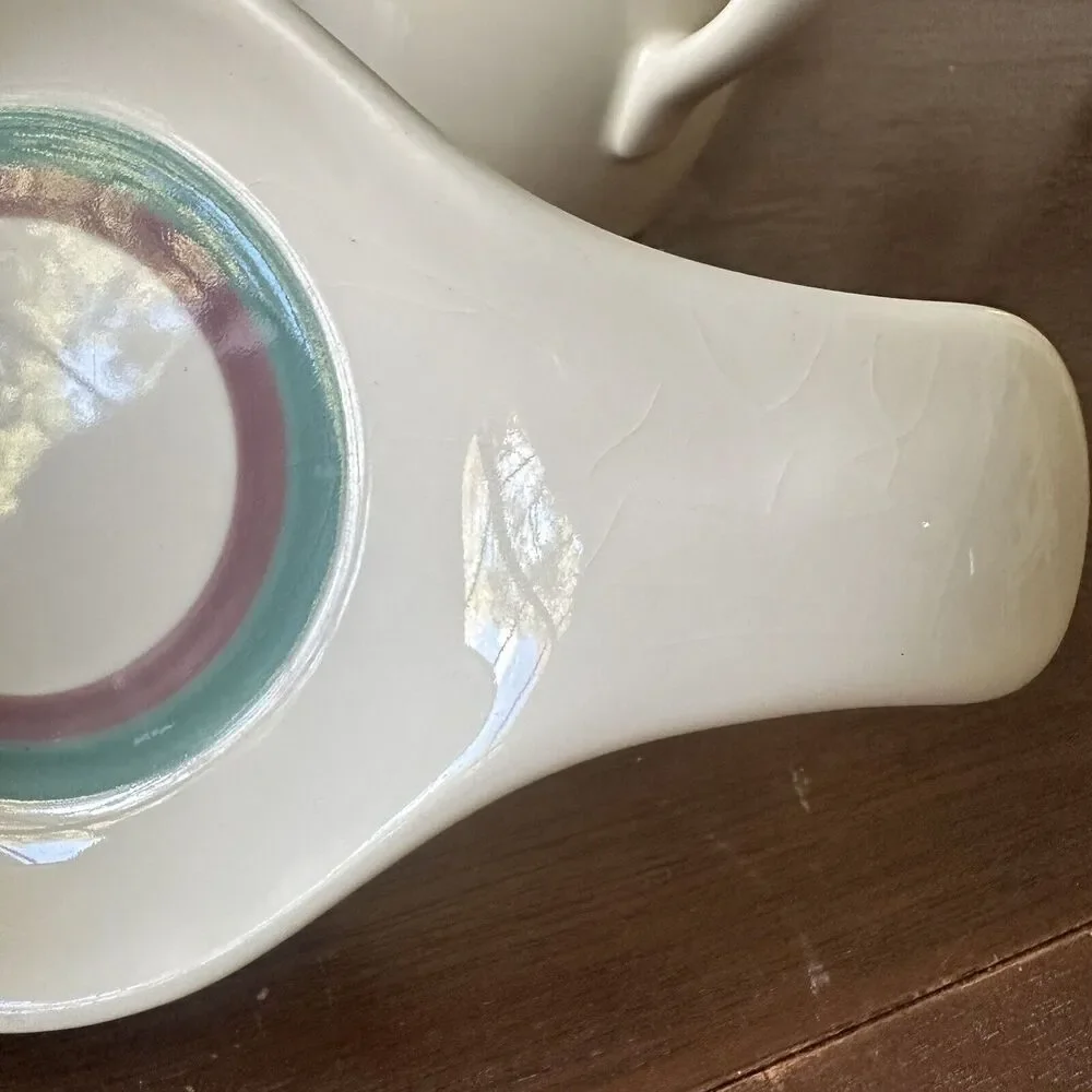 PFALTZGRAFF Juniper Creamer Sugar Bowl Spoon Rest Green Mauve Stripe‎ Vintage